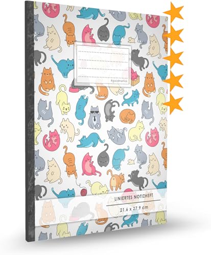 Liniertes Notizbuch • A4-Format, 100+ Seiten, Soft Cover, Register, Mit Rand, „Verückte Katzen“ • Original #GoodMemos Lined Notebook • Perfekt als Deutschheft, Schulheft, Übungsheft, Lineatur 27 von #GoodMemos Liniertes Notizbuch