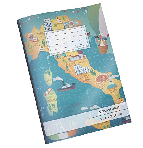 VOKABELHEFT DIN A4 • 50+ Seiten, Soft Cover, Register, 2 Spalten, Erfolgs-Tacker, "Italian Map" • Original #GoodMemos Schulheft • Sprachen und Vokabeln leicht lernen, Lineatur 53 von #GoodMemos