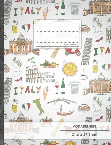 Vokabelheft: DIN A4 • 50+ Seiten, Soft Cover, Register, 2 Spalten, Erfolgs-Tacker, "Italienisches Muster" • Original #GoodMemos Schulheft • Sprachen und Vokabeln leicht lernen, Lineatur 53