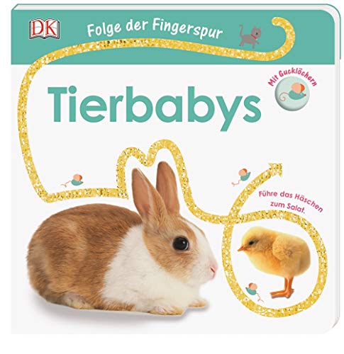 Folge der Fingerspur. Tierbabys: Führe das Häschen zum Salat. Mit Glitzerspur und Gucklöchern.