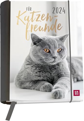 Buchkalender 2024: Für Katzenfreunde: Wochenkalender mit 12 Postkarten (Terminplaner für die Handtasche) mit Leseband, Spiralbindung, Gummiband und Einstecktasche von Groh Verlag