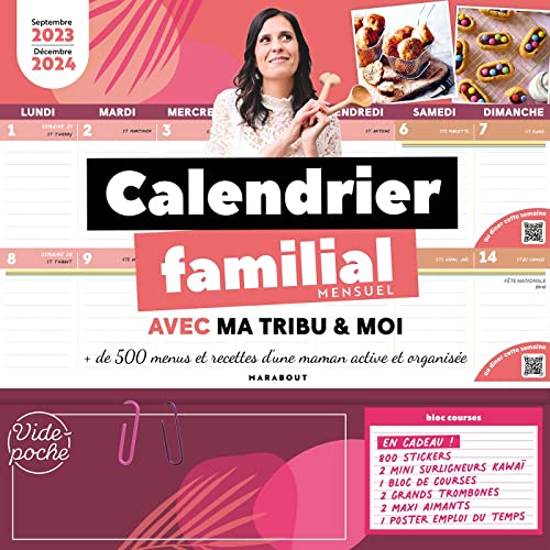 Calendrier familial Ma tribu et moi - Septembre 2023 - Décembre 2024: Septembre 2023-décembre 2024 - Avec 2 surligneurs kawaii