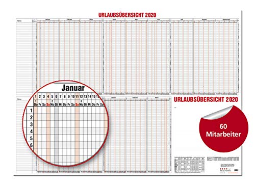 GÜSS Urlaubsplaner 2020 f. 60 Mitarbeiter, 12-80: DIN A0 - 190 g/m² Postkartenkarton - 2-farbiger Druck - Schulferienübersicht - Zeilenhöhe: 6mm - Größe: 120 cm x 84cm