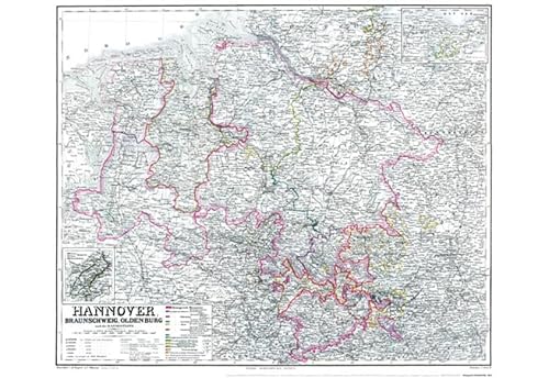 Historische Landkarte: Königreich HANNOVER, 1865 (plano): Mit der Berghauptmanschaft Clausthal, dem Grossherzogtum Oldenburg, dem Herzogtum ... die Freien Hansestädte Hamburg und Lübeck