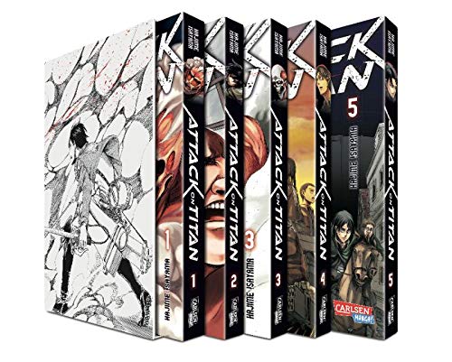 Attack on Titan Band 1-5 im Schuber inkl. Bügelbild + 1 exklusives Postkartenset