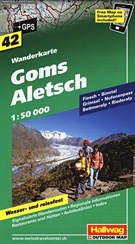 Goms, Aletsch Wanderkarte Nr. 42, 1:50 000: Fiesch, Binntal, Grimsel, Nufenpass, Bettmeralp, Riederalp, Free Map on Smartphone included (Hallwag Wanderkarten, Band 42) von Hallwag