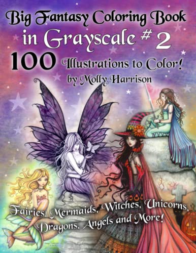 Big Fantasy Coloring Book in Grayscale #2 - 100 Illustrations to Color by Molly Harrison: Featuring 100 single sided pages of fairies, mermaids, ... dragons, unicorns and other fantasy images!