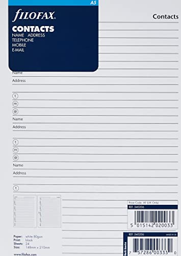 Filofax A5 Name, address, email, telephone, fax, mobile refill