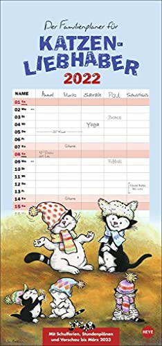 Jacob Familienplaner für Katzenliebhaber 2022 - Wandkalender mit 5 Spalten, Schulferien, 2 Stundenplänen, 3-Monats-Ausblick Januar bis März 2023 - 21 x 45 cm