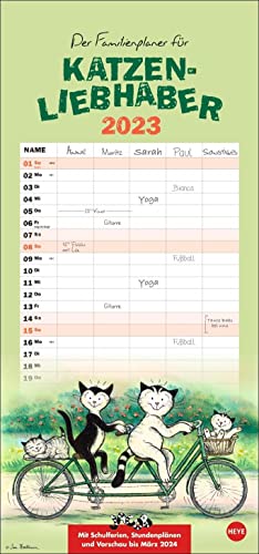 Jacob Familienplaner für Katzenliebhaber 2023 - Wandkalender mit 5 Spalten, Schulferien, 2 Stundenplänen, 3-Monats-Ausblick Januar bis März 2024 - 21 x 45 cm von Heye Kalender