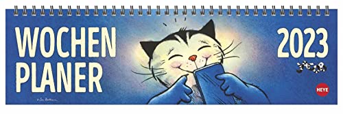 Jacob Wochenquerplaner 2023. Praktischer Tischquerkalender mit Spiralbindung und Katzen-Cartoons. Liebevoll illustrierter Tisch-Kalender für Katzenliebhaber.