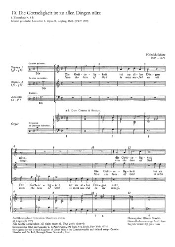 Schütz: Die Gottseligkeit ist zu allen Dingen (SWV 299 (op. 8 no. 18)). Partitur