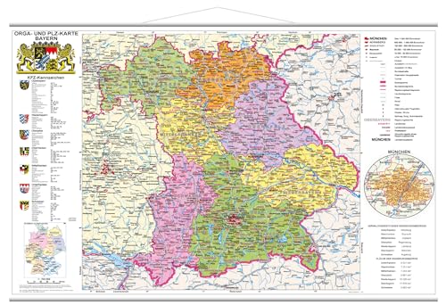 Bayern politisch mit Postleitzahlen: Wandkarte mit Metallbeleistung NEUE AUFLAGE