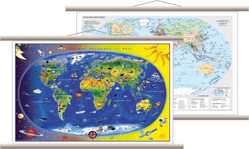 Kinderweltkarte & Staaten der Erde - beidseitig bedruckt - NEUE AUFLAGE: beidseitig bedruckte Wandkarte mit Holzleisten und Aufhängeschnur von Stiefel