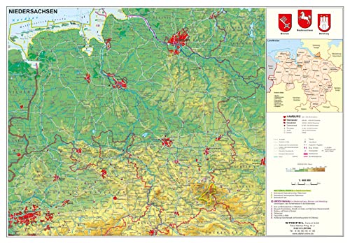 Niedersachsen physisch - Papierposter NEUE AUFLAGE