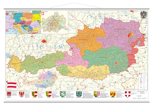 Österreich politisch - PLZ- und Organisationskarte - Wandkarte mit Metallbeleistung NEUE AUFLAGE