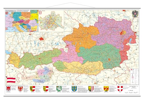 Österreich politisch PLZ und Organisationskarte Wandkarte mit Metallbeleistung NEUE AUFLAGE