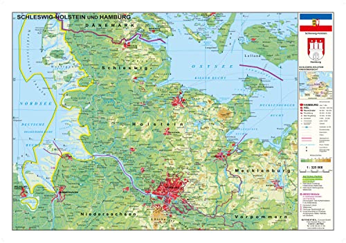 Schleswig-Holstein und Hamburg physisch - Papierposter NEUE AUFLAGE