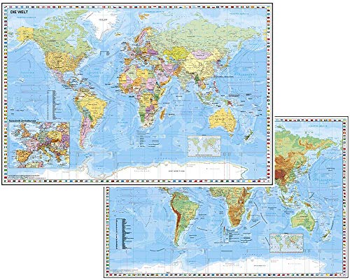 Weltkarte mit Ausschnitt Zentraleuropa / Weltkarte physisch: Duo-Schreibunterlage NEUE AUFLAGE