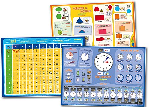 mindmemo Lernposter 3er Set Grundschule - Die Uhrzeit lernen + Formen&Körper + 1x1 Mathe - Grundschul Poster für Kinder - 3x Poster DIN A2 42x59 cm ... - gerollt in wiederverwendbarer Schutzröhre von mindmemo