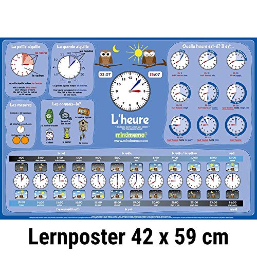 mindmemo Lernposter - L'HEURE - Uhrzeit lernen Französisch für Kinder Uhr lernen apprendre l'heure Lernhilfe Zusammenfassung Poster DIN A2 42x59 cm ... A2 42x59 cm PremiumEdition in Transportrolle