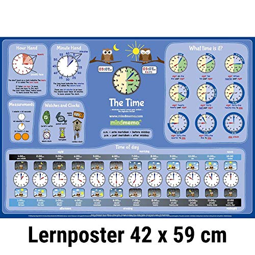 mindmemo Lernposter - TIME - Uhrzeit lernen Englisch für Kinder Uhr lernen learning clock for kids Lernhilfe Zusammenfassung Poster DIN A2 42x59 cm ... A2 42x59 cm PremiumEdition in Transportrolle