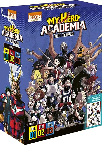 Coffret My Hero Academia vol. 1 à 3: Tome 1, Izuku Midoriya : les origines ; Tome 2, Déchaîne-toi, maudit nerd ! ; Tome 3, All Might. Contient une planche de stickers !