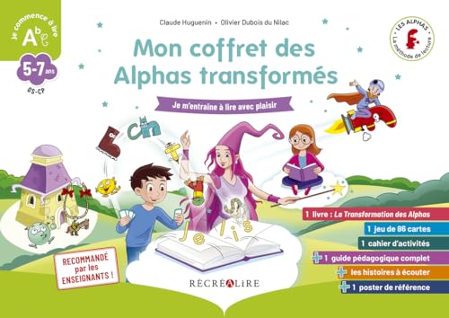 Mon Coffret des Alphas Transformes: Je m'entraîne à lire avec plaisir. Contient : 1 livre, 1 jeu de 86 cartes, 1 cahier d'activités, 1 guide pédagogique, 1 poster, des histoires à écouter von RECREALIRE