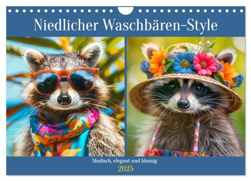 Niedlicher Waschbären-Style. Modisch, elegant und blumig (Wandkalender 2025 DIN A4 quer), CALVENDO Monatskalender von CALVENDO