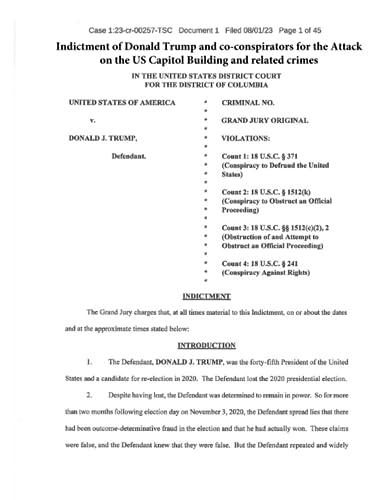 Indictment of Donald Trump and co-conspirators for the Attack on the US Capitol Building and related crimes: UNITED STATES OF AMERICA v. DONALD J. TRUMP,