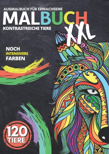 XXL MALBUCH "Kontrastreiche Tiere" | Ausmalbuch für Erwachsene | 120 Tiere: Ausmalblock, Ausmalbuch mit Tier-Mandalas | A4 Format | Schwarzer Hintergrund für intensive Farben