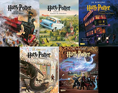 Illustrierte Schmuckausgaben Harry Potter Band 1-5 plus 1 original Harry Potter Button Badge Pack