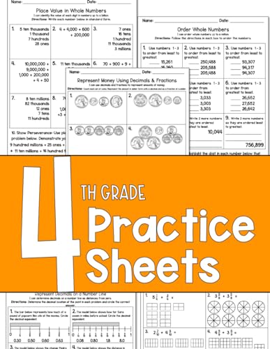 Fourth Grade Math Practice Sheets - Practice Workbook - 4th Grade Skills - TEKS - Common Core - Math Skills - Math Workbook - Homeschool Practice