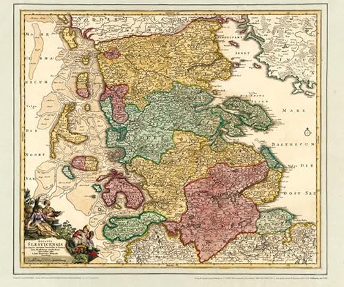 Historsiche Karte: Schleswig mit den Nordfriesischen Inseln, um 1720 (Plano): Kartuscheninschrift: --- Ducatus Slesvicensis in omnes ejusdem Generales ... edita a Ioh. Baptista Homano, Norimbergae von Rockstuhl