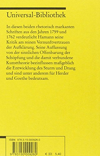 Sokratische Denkwürdigkeiten. Aesthetica in nuce: Hamann, Johann G – Literatur des 18. Jahrhunderts (Reclams Universal-Bibliothek)