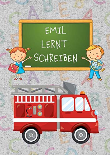 EMIL LERNT SCHREIBEN: Schreiblernheft A4 für Erstklässler und Schreibanfänger zum Schreiben lernen und üben. Feuerwehr-Motiv. Dreifach-Lineatur mit Haus | 1. Klasse. von Independently published
