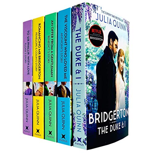Bridgerton Family Book Series 5 Books Collection Set par Julia Quinn (Le duc et moi, vicomte qui m'a aimé, offre d'un gentleman, romance avec M. Bridgerton et Sir Phillip, avec amour)