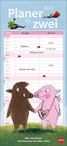 Rosalie & Trüffel Planer für zwei 2024. Wandplaner für 2. Partnerkalender mit 2 Spalten. Terminkalender mit niedlichen Illustrationen des bekannten Schweine-Duos. Wandkalender für 2 Personen