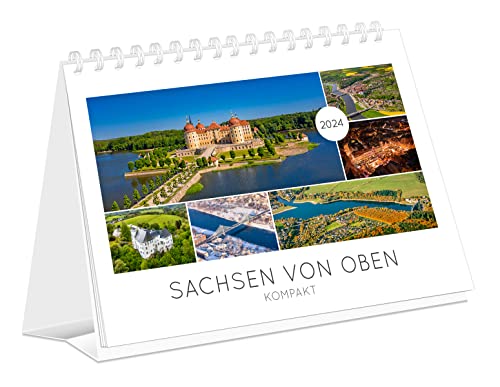 Kalender Sachsen von oben kompakt 2024 | 21 x 15 cm | weißes Kalendarium von K4Verlag