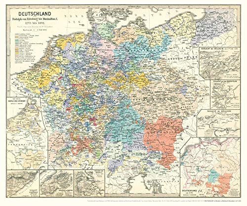 Historische Karte: DEUTSCHLAND von Rudolph von Habsburg bis Maximilian I. 1273-1492 (Plano): Weitere Darstellungen auf der Karte: Deutschland um 1376; ... bei Murten 1476; Schlacht bei Nancy 1477