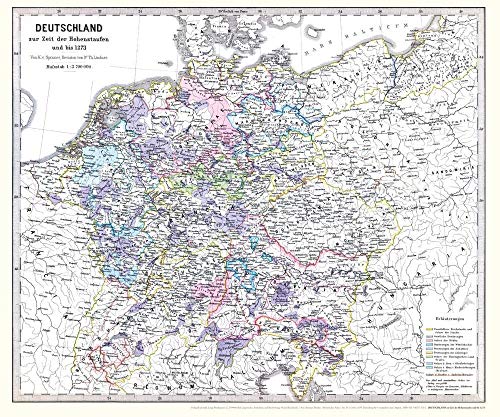 Historische Karte: DEUTSCHLAND zur Zeit der Hohenstaufen und bis 1273 (Plano): Das römisch-deutsche Reich und das Herrschaftsgebiet von Barbarossa (Friedrich I.)