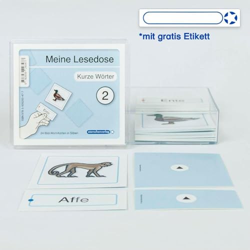 Meine Lesedose 2 - kurze Wörter: 24 Bild-Wort-Karten in Sprechsilben mit Selbstkontrolle in der Box mit gratis Etikett: 24 Bild-Wort-Karten in Silben