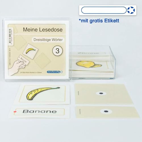 Meine Lesedose 3 - Dreisilbige Wörter: 24 Bild-Wort-Karten in Sprechsilben mit Selbstkontrolle in der Box: 24 Bild-Wort-Karten in Silben Meine Lesedose 3 - Dreisilbige Wörter: 24 Bild-Wort-Karten in Sprechsilben mit Selbstkontrolle in der Box: 24 Bild-Wort-Karten in Silben