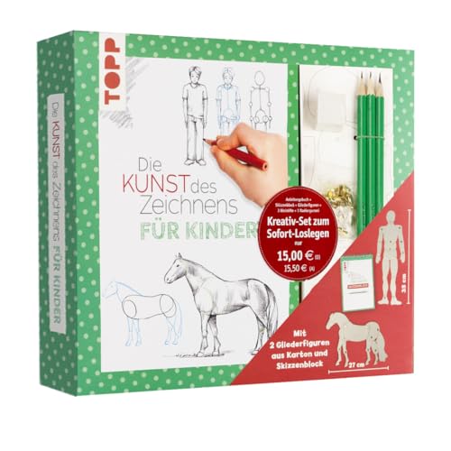 Kreativ-Set Kunst des Zeichnens für Kinder: Grundlagenbuch und kleiner Zeichenschule sowie 2 bewegliche Glieder-Figuren (Mensch/ Pferd), 3 Bleistifte (H, HB, B) und ein Radiergummi (Buch & Material) von Frech