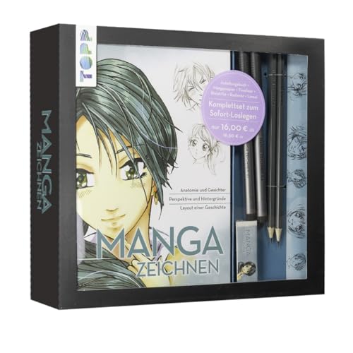 Kreativ-Set Manga zeichnen: Buch mit Mangagrundlagen (32 Seiten, 14 x 21 cm, Softcover) sowie Zeichenmaterial: Mangapapierblock A5, 1 Fineliner, 2 Bleistifte, Radiergummi, Lineal