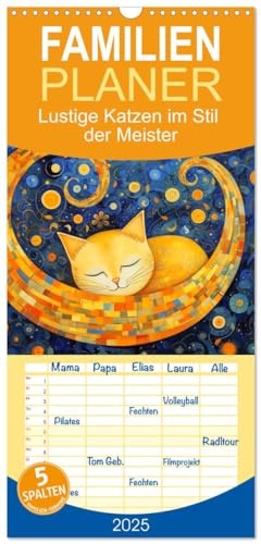 Familienplaner 2025 - Lustige Katzen im Stil der Meister mit 5 Spalten (Wandkalender, 21 cm x 45 cm), CALVENDO