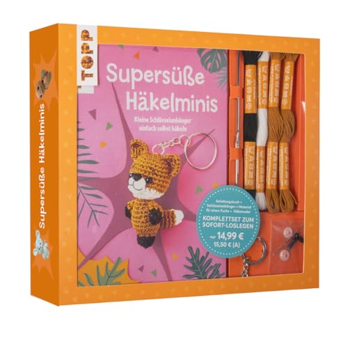 Kreativ-Set Supersüße Häkelminis. Anleitungsbuch + Material: Buch (32 S., DIN A5, Softcover), Baumwollgarn (3 Farben), Häkelnadel 1,25mm, Füllwatte (100% Polyester), Sicherheitsaugen, Schlüsselring von TOPP