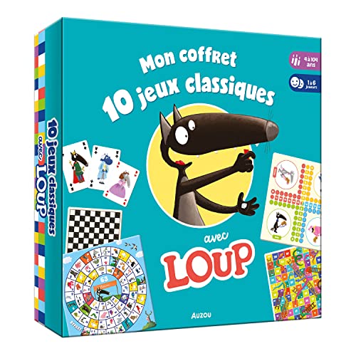 Mon coffret 10 jeux classiques avec loup: De 1 à 6 joueurs ; Avec un sac en tissu ; 6 plateaux de jeux ; 2 dés en bois ; Des pions en bois ; Un jeu de 54 cartes von AUZOU