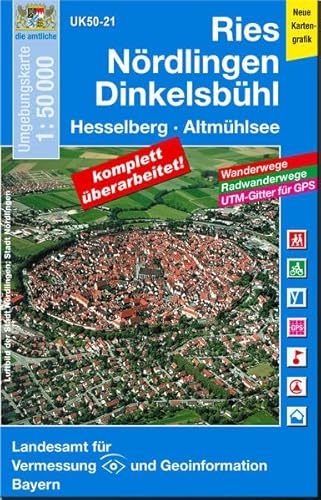 UK50-21 Ries, Nördlingen, Dinkelsbühl: Hesselberg, Altmühlsee, Merkendorf, Wassertrüdingen, Oettingen in Bayern, Feuchtwangen, Schillingsfürst, ... Karte Freizeitkarte Wanderkarte)