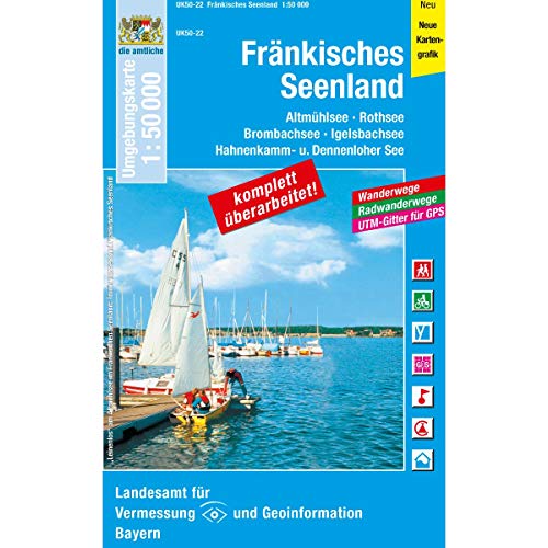 UK50-22 Fränkisches Seenland: Altmühlsee, Rothsee, Brombachsee, Igelsbachsee, Hahnenkamm und Dennenloher See, Herrieden, Ornbau, Windsbach, Roth, ... Karte Freizeitkarte Wanderkarte)